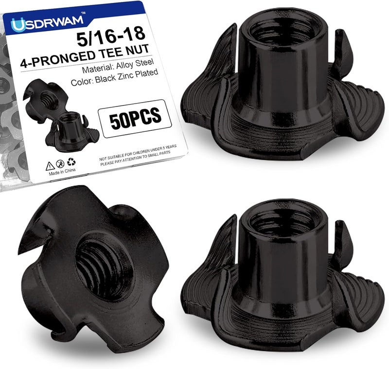Usdrwam 50 Pack 5/16"-18 T Nuts for Wood, Black Carbon Steel 4-Prong Tee Nuts for Furniture, Cabinets, and Rock Climbing Holds - Image 1